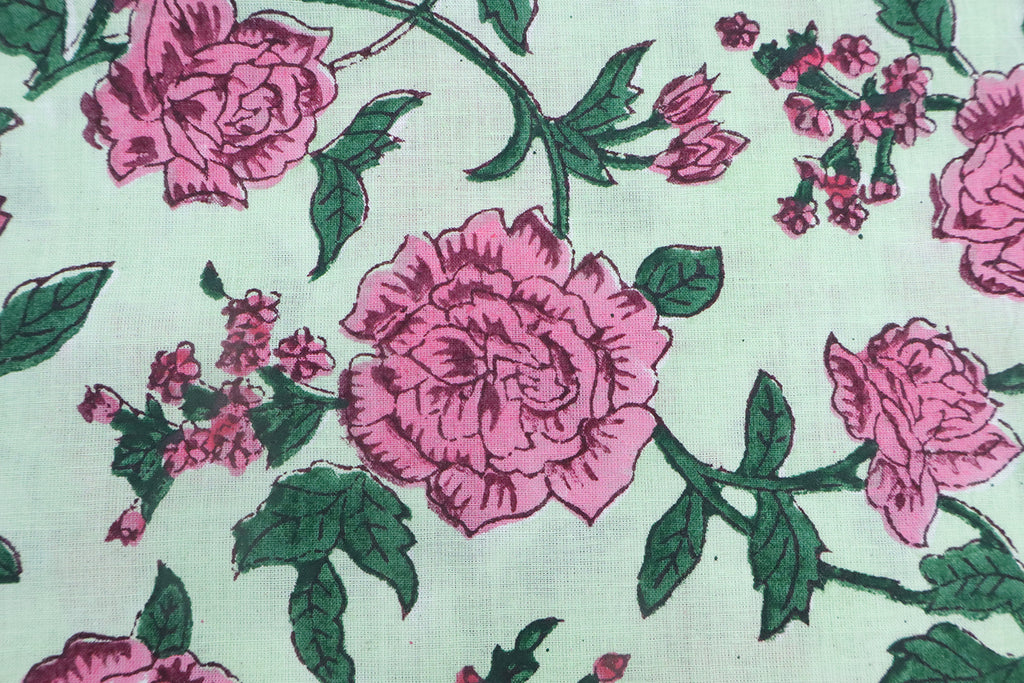 Mughal Floral Block Print Fabric: Pink, White & Green Linen Cotton Blend