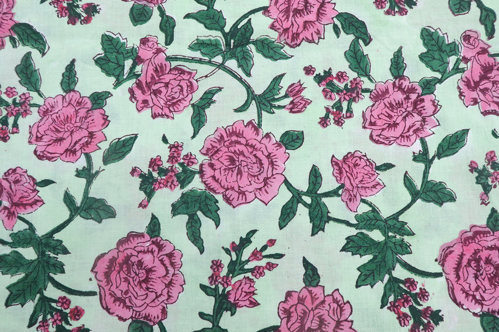 Mughal Floral Block Print Fabric: Pink, White & Green Linen Cotton Blend