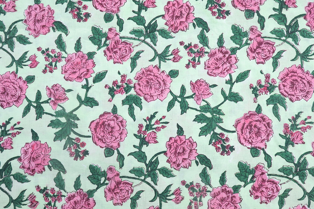 Mughal Floral Block Print Fabric: Pink, White & Green Linen Cotton Blend
