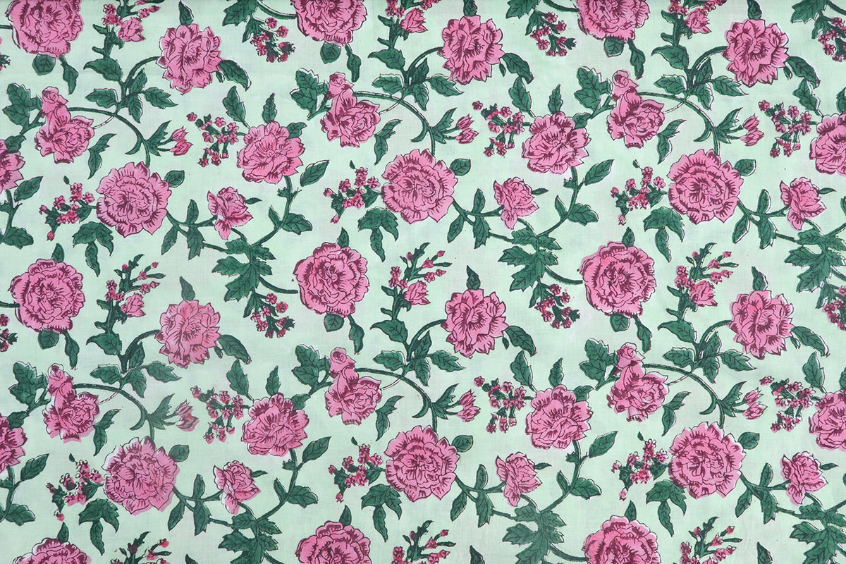 Mughal Floral Block Print Fabric: Pink, White & Green Linen Cotton Blend