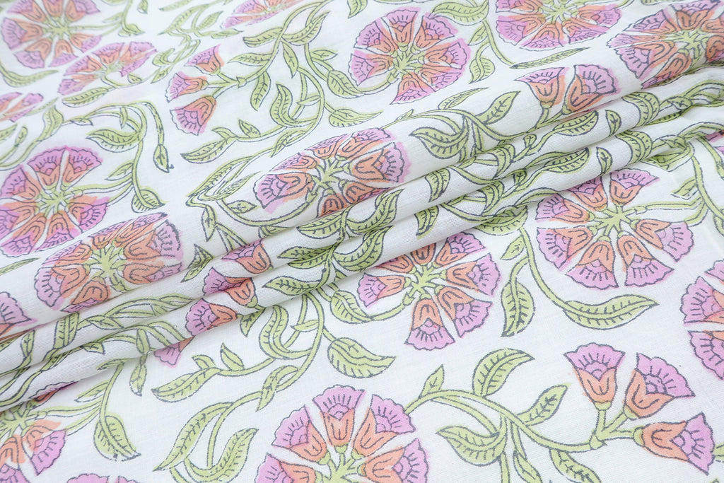 Mughal Floral Block Print Fabric: Purple, Green, & White Linen