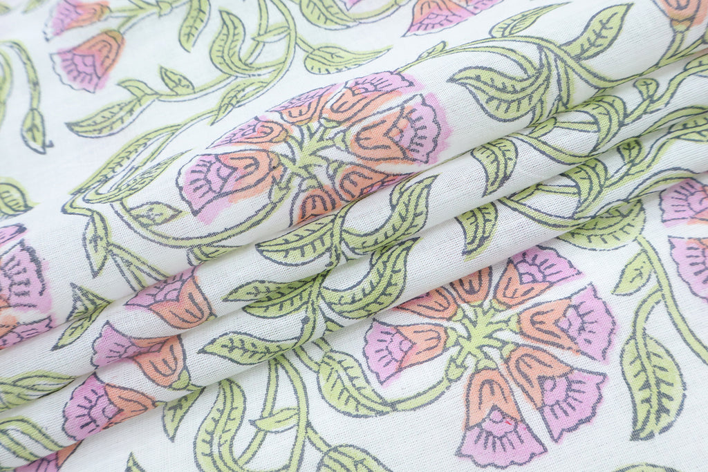 Mughal Floral Block Print Fabric: Purple, Green, & White Linen