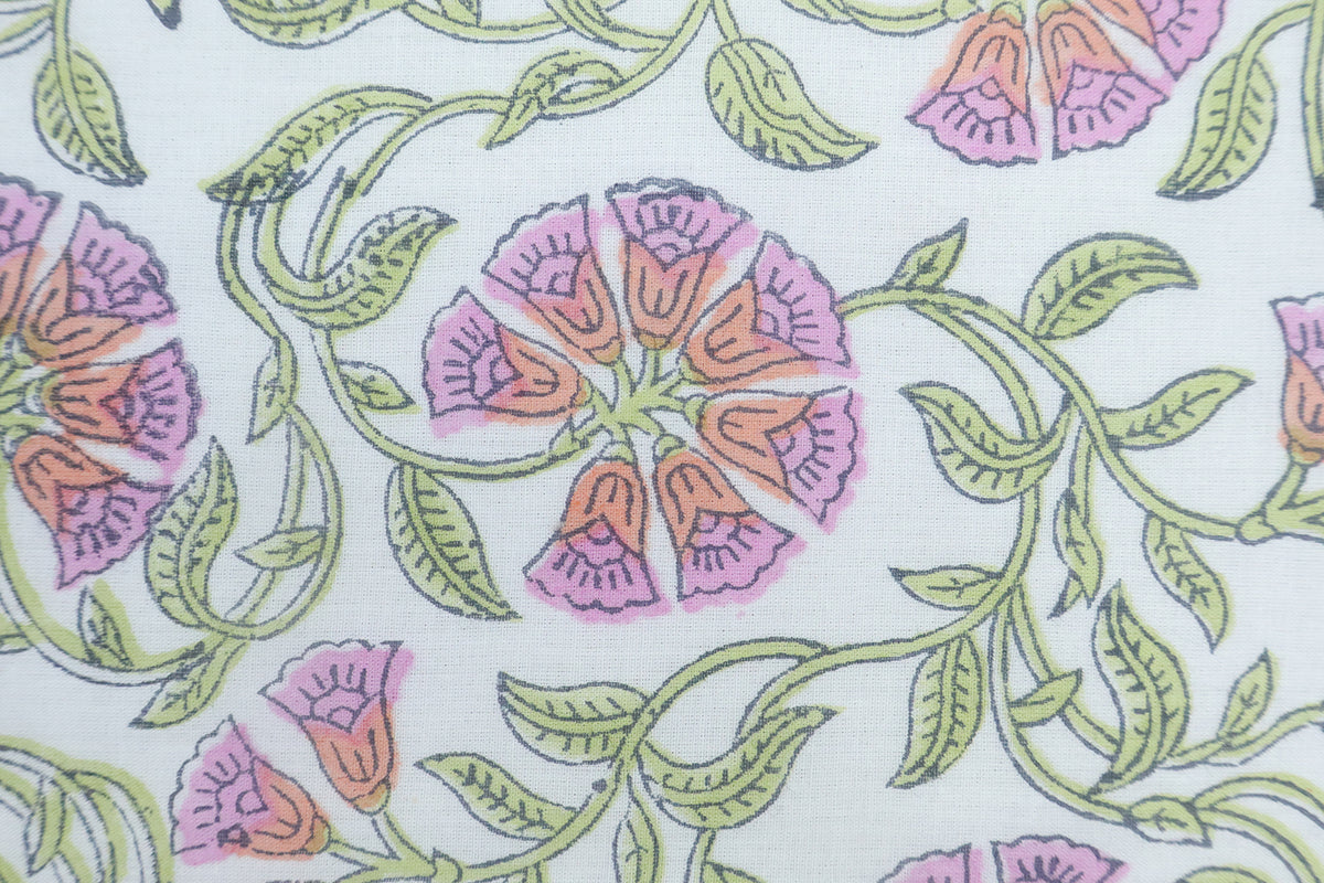 Mughal Floral Block Print Fabric: Purple, Green, & White Linen