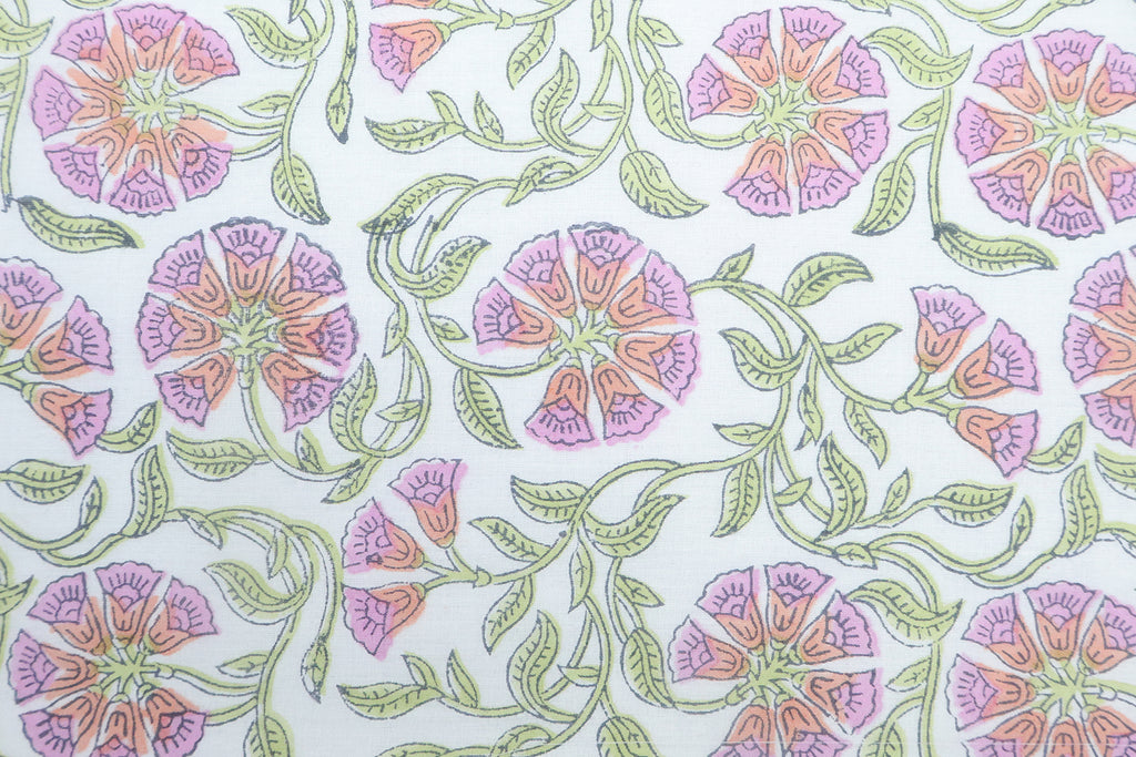 Mughal Floral Block Print Fabric: Purple, Green, & White Linen