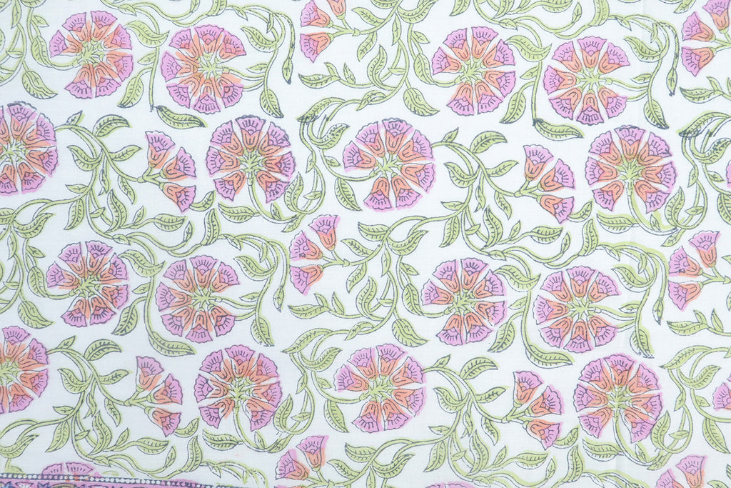 Mughal Floral Block Print Fabric: Purple, Green, & White Linen