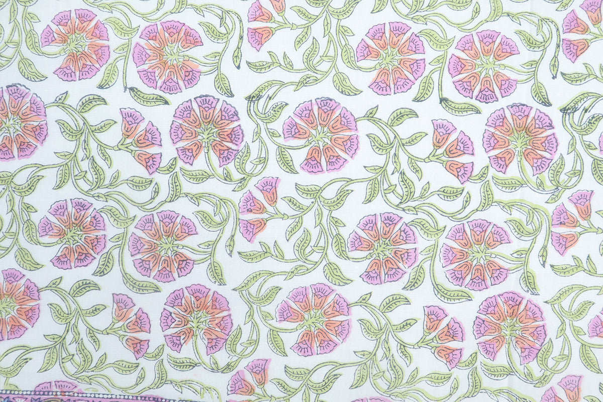 Mughal Floral Block Print Fabric: Purple, Green, & White Linen