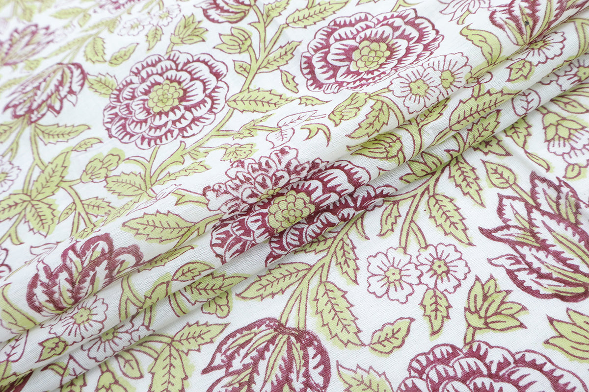 Mughal Floral Block Print Fabric: Purple, Green, & White Linen