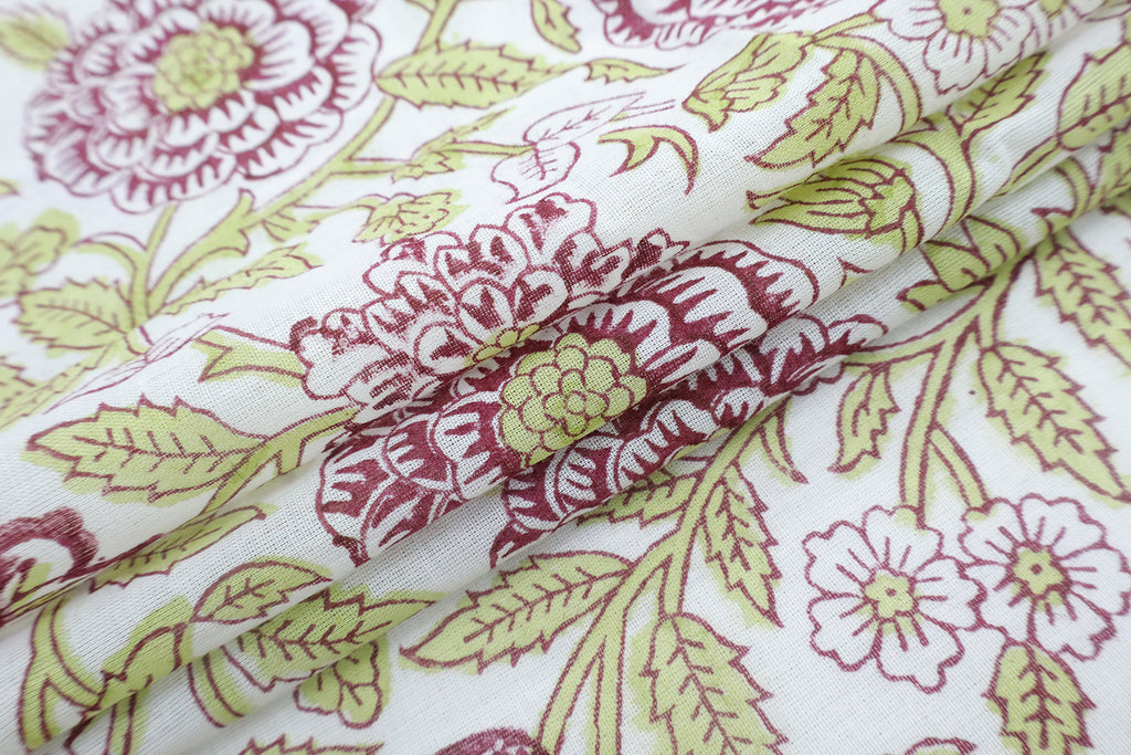 Mughal Floral Block Print Fabric: Purple, Green, & White Linen