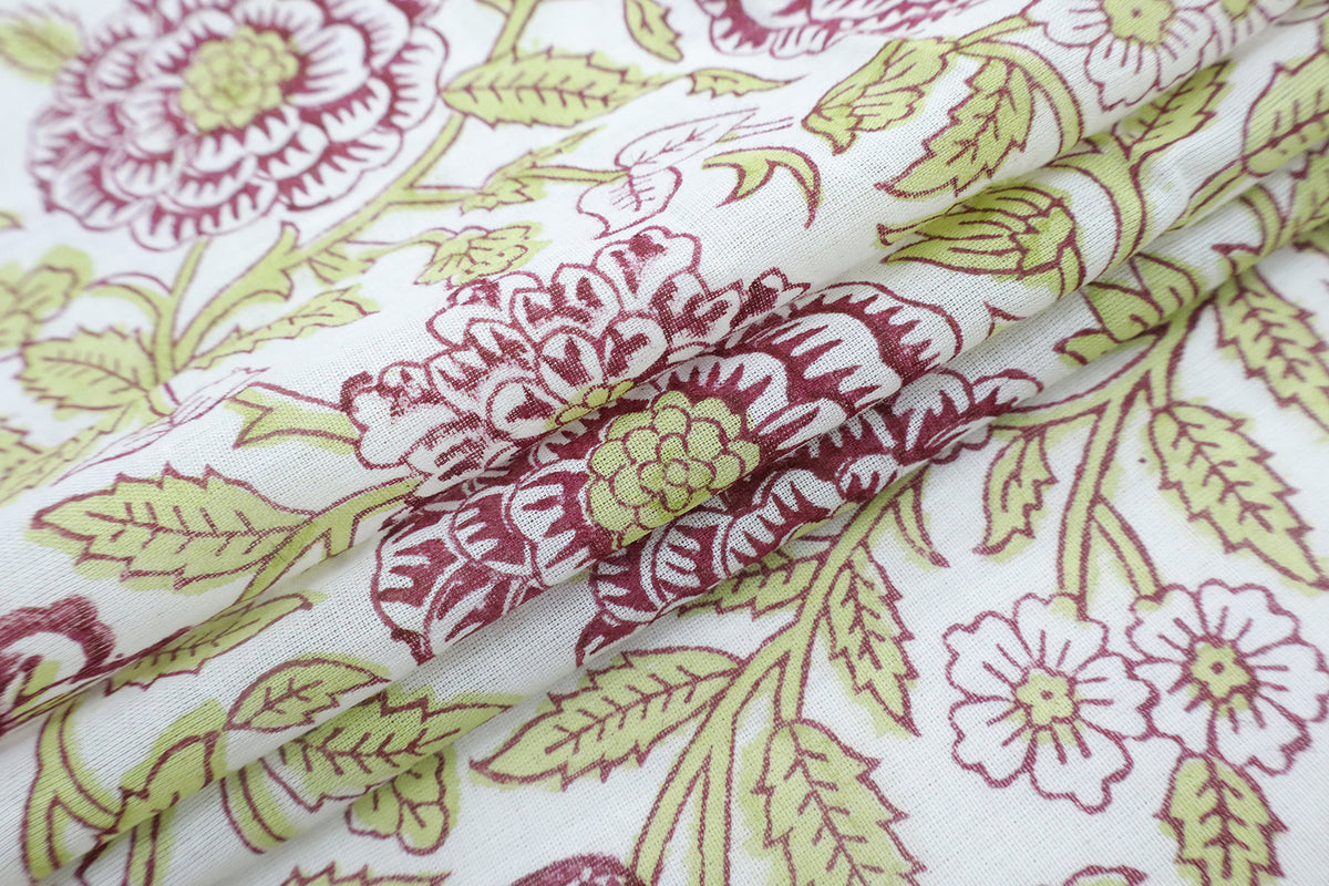 Mughal Floral Block Print Fabric: Purple, Green, & White Linen