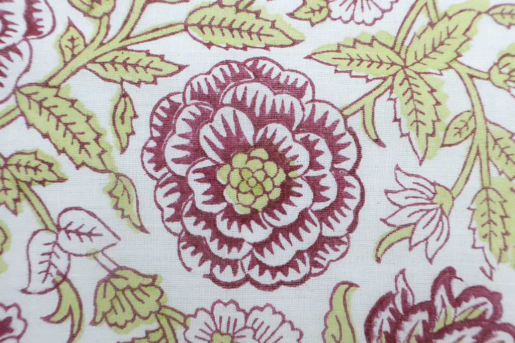 Mughal Floral Block Print Fabric: Purple, Green, & White Linen
