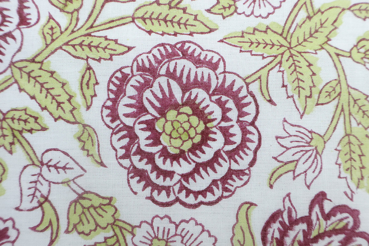 Mughal Floral Block Print Fabric: Purple, Green, & White Linen