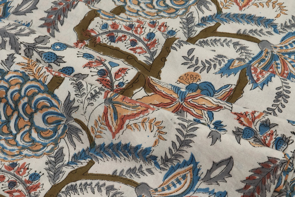 Mughal Print Cotton Fabric: Hand-Stamped Floral Dress Fabric