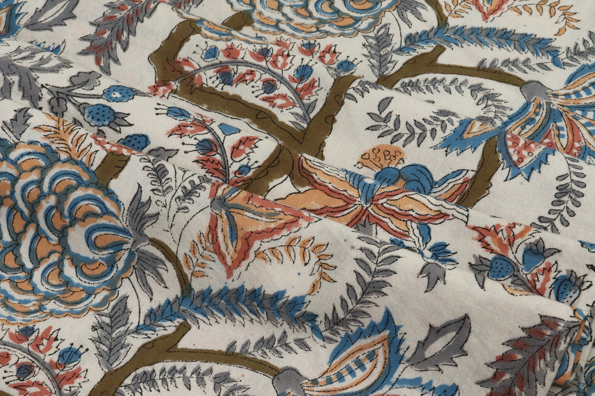 Mughal Print Cotton Fabric: Hand-Stamped Floral Dress Fabric
