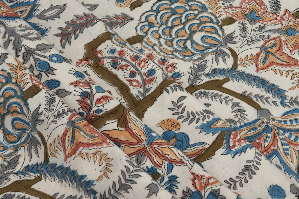 Mughal Print Cotton Fabric: Hand-Stamped Floral Dress Fabric