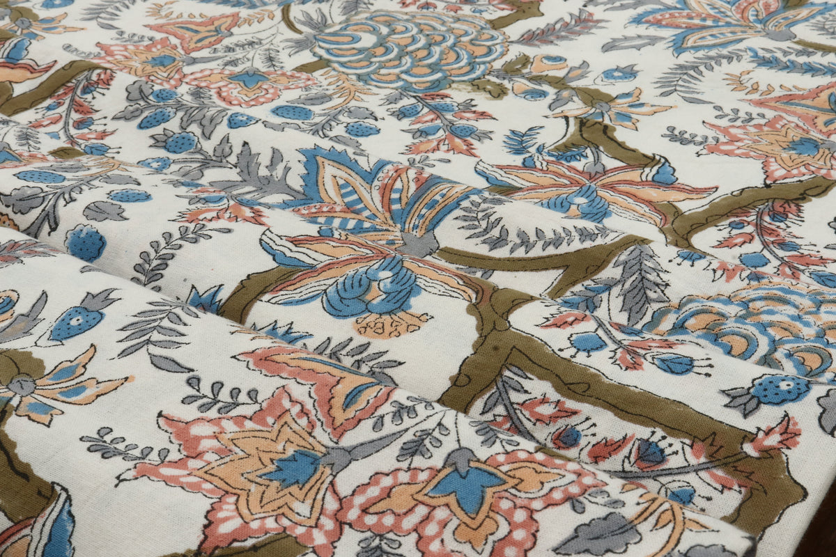Mughal Print Cotton Fabric: Hand-Stamped Floral Dress Fabric