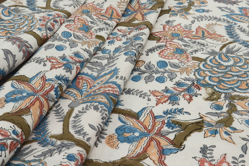 Mughal Print Cotton Fabric: Hand-Stamped Floral Dress Fabric