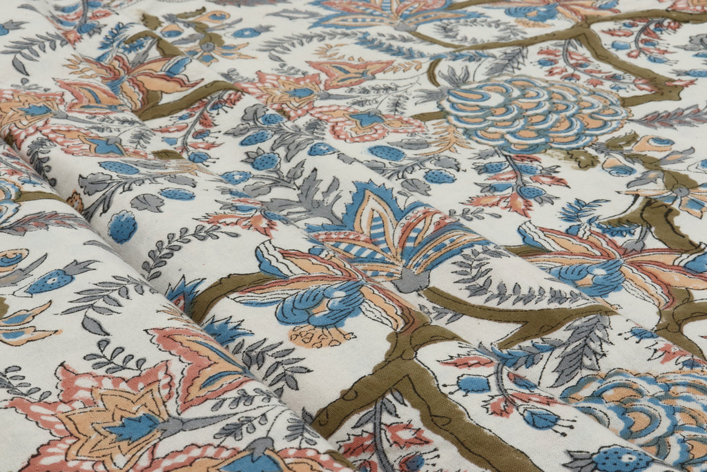 Mughal Print Cotton Fabric: Hand-Stamped Floral Dress Fabric