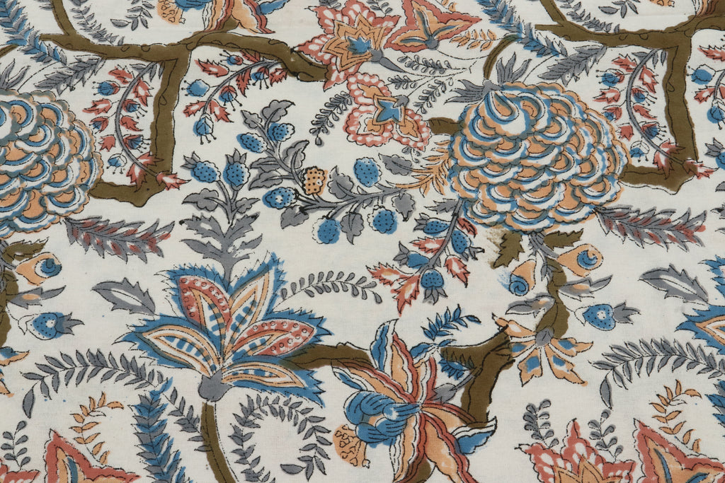 Mughal Print Cotton Fabric: Hand-Stamped Floral Dress Fabric