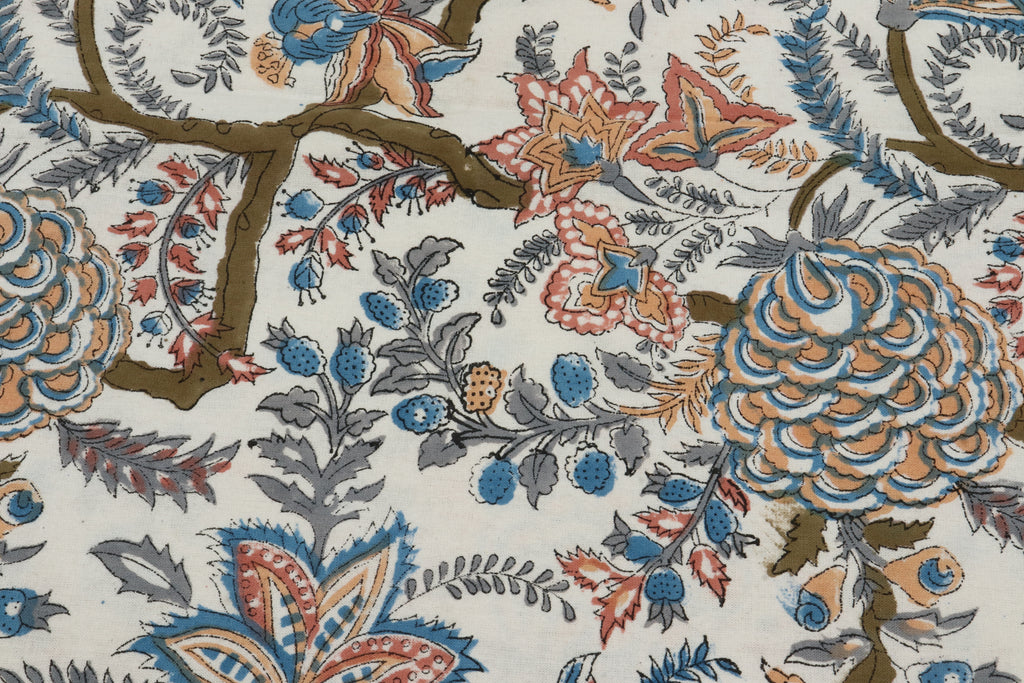 Mughal Print Cotton Fabric: Hand-Stamped Floral Dress Fabric