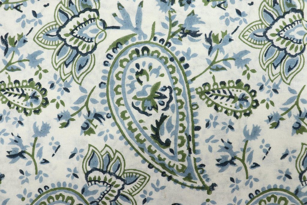 Mughal Print Cotton Fabric: Blue Green Floral Block Print By The Yard
