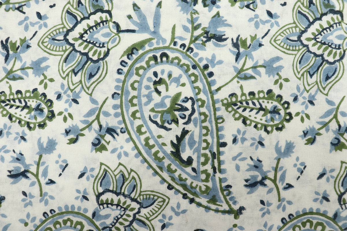 Mughal Print Cotton Fabric: Blue Green Floral Block Print By The Yard