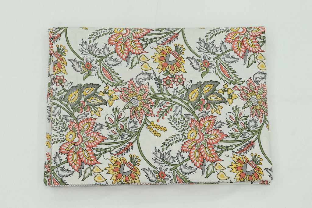Mughal Floral Block Print Cotton Fabric, White and Orange