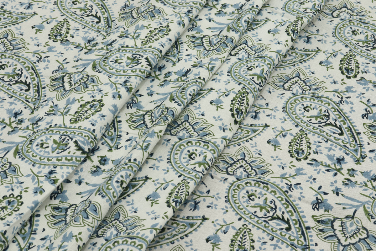 Mughal Print Cotton Fabric: Blue Green Floral Block Print By The Yard
