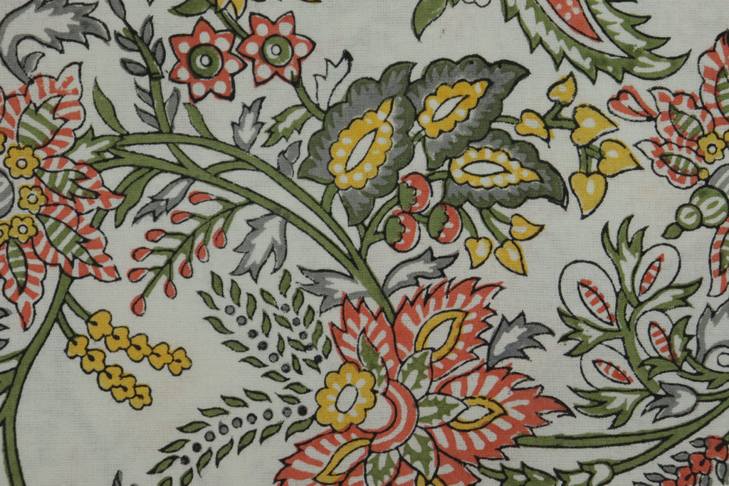 Mughal Floral Block Print Cotton Fabric, White and Orange
