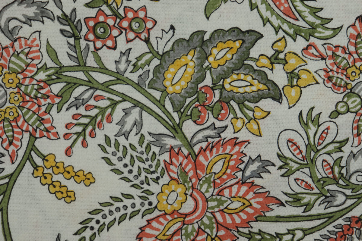 Mughal Floral Block Print Cotton Fabric, White and Orange