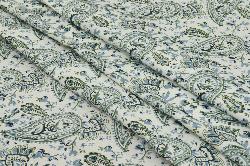 Mughal Print Cotton Fabric: Blue Green Floral Block Print By The Yard