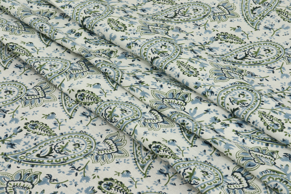 Mughal Print Cotton Fabric: Blue Green Floral Block Print By The Yard