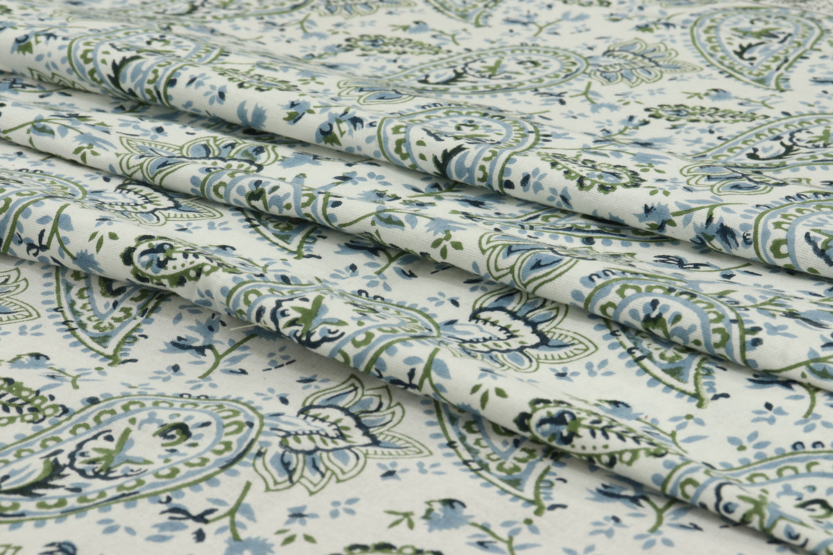 Mughal Print Cotton Fabric: Blue Green Floral Block Print By The Yard