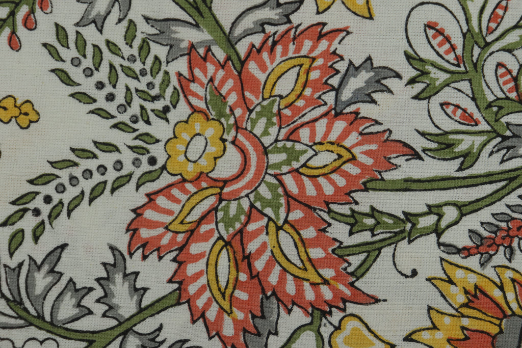 Mughal Floral Block Print Cotton Fabric, White and Orange