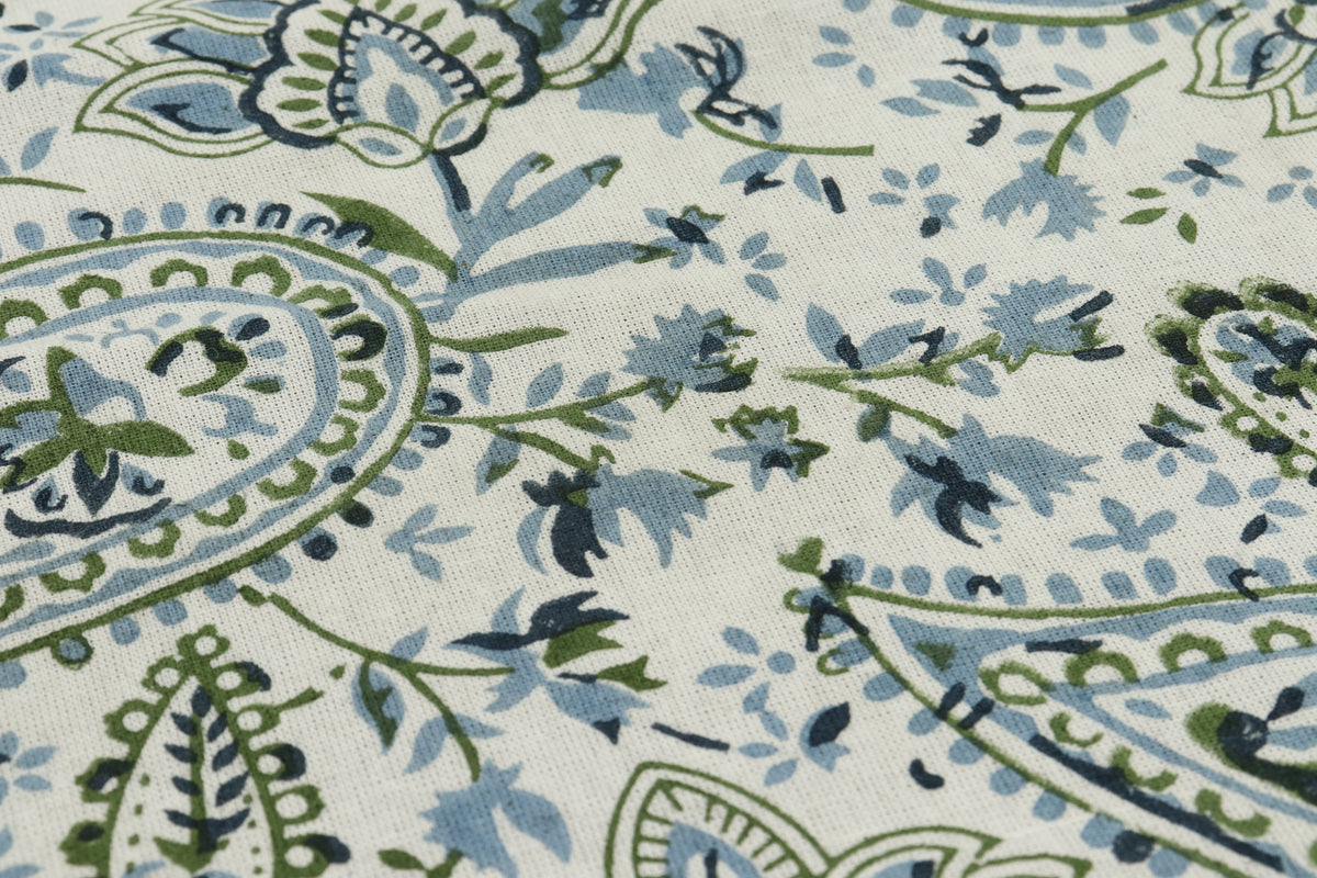 Mughal Print Cotton Fabric: Blue Green Floral Block Print By The Yard