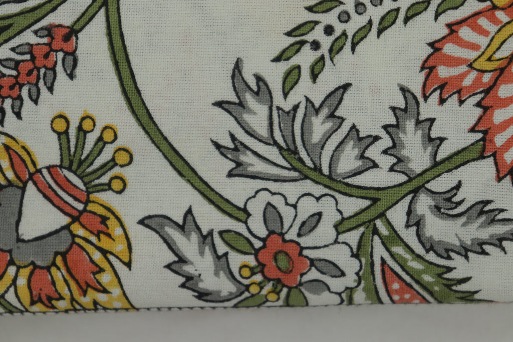 Mughal Floral Block Print Cotton Fabric, White and Orange