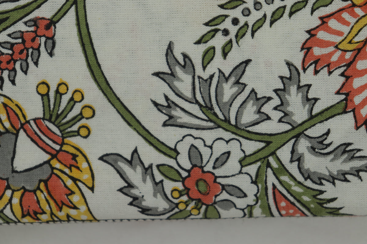 Mughal Floral Block Print Cotton Fabric, White and Orange