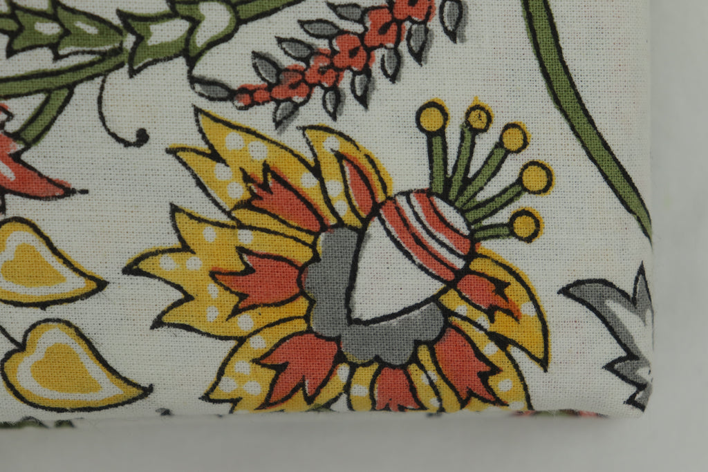 Mughal Floral Block Print Cotton Fabric, White and Orange