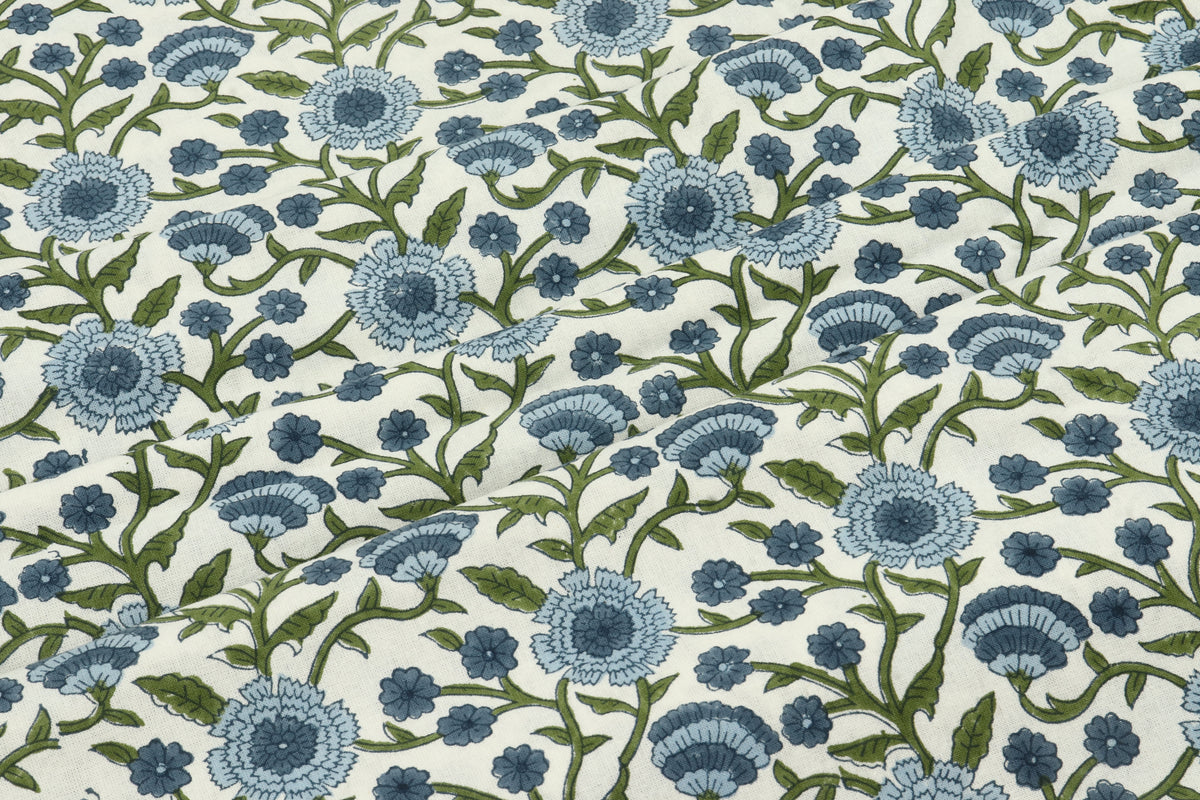 Blue and White colour Pure Cotton Block Print Fabric by the Yard, fabric by the meter, Indian Wood Block, Handstamped