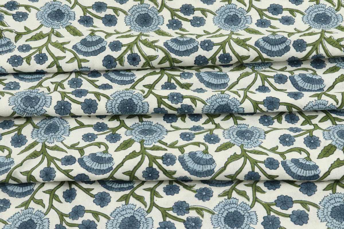 Blue and White colour Pure Cotton Block Print Fabric by the Yard, fabric by the meter, Indian Wood Block, Handstamped