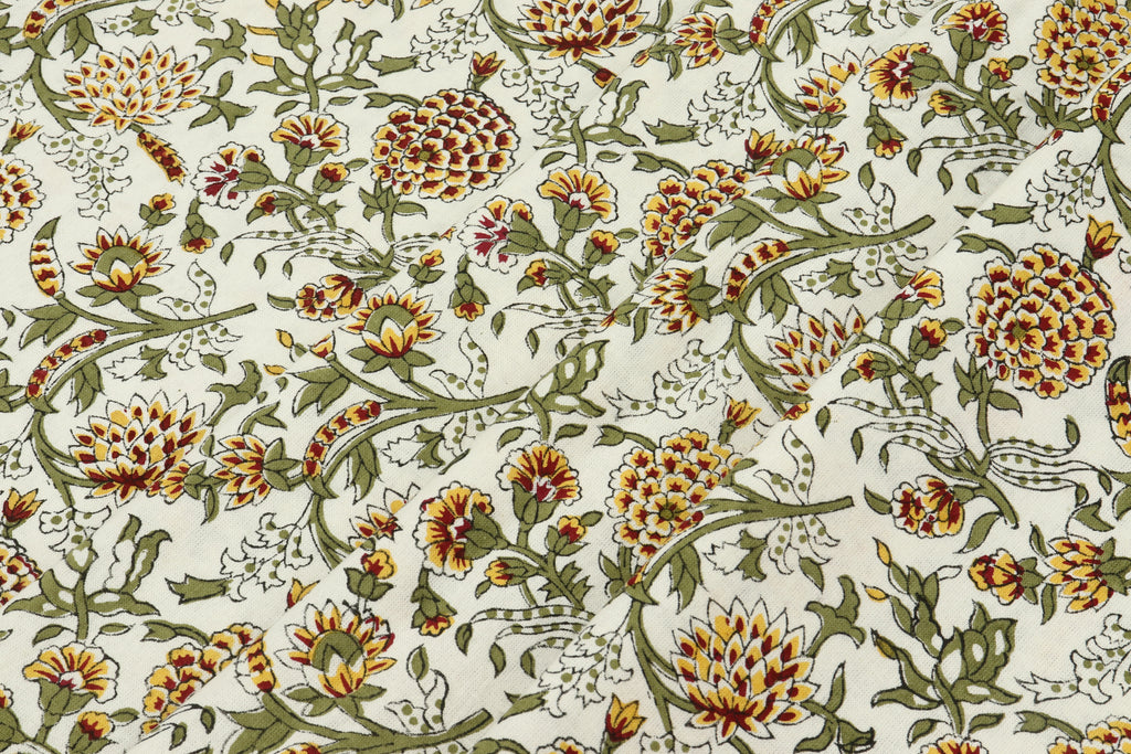 Mughal Floral Print Cotton Fabric: Hand-Stamped Indian Fabric