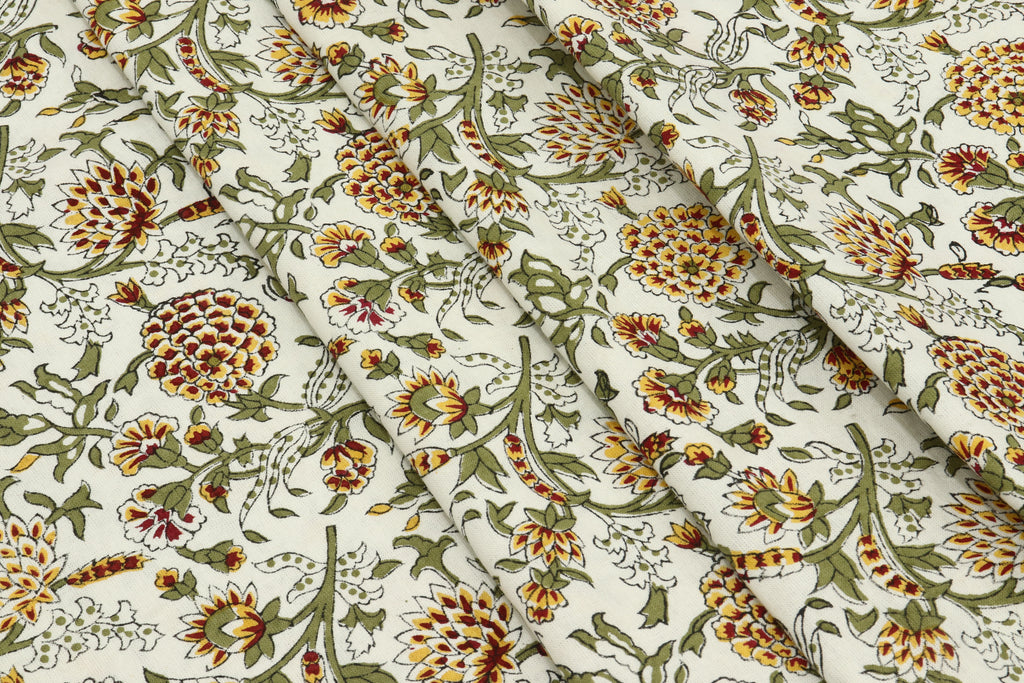 Mughal Floral Print Cotton Fabric: Hand-Stamped Indian Fabric