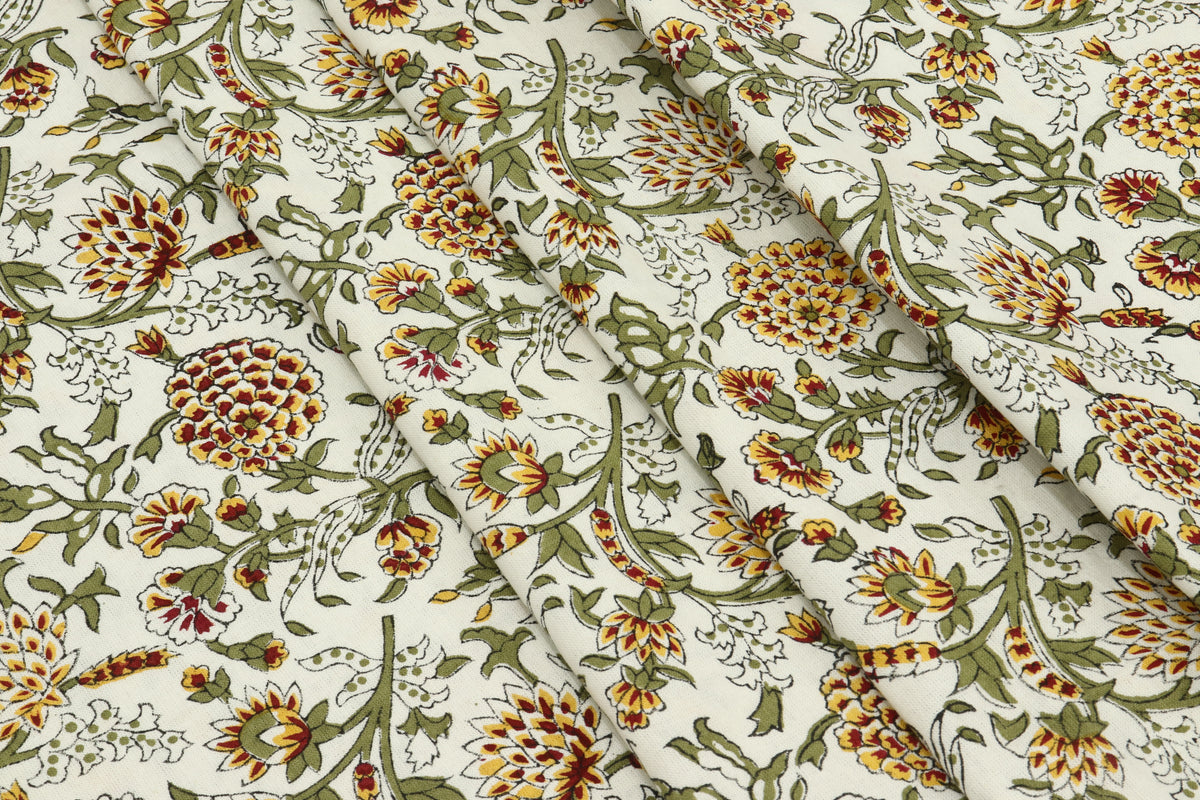 Mughal Floral Print Cotton Fabric: Hand-Stamped Indian Fabric