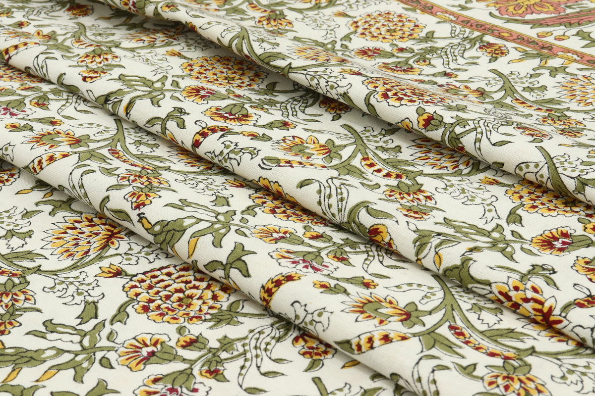 Mughal Floral Print Cotton Fabric: Hand-Stamped Indian Fabric