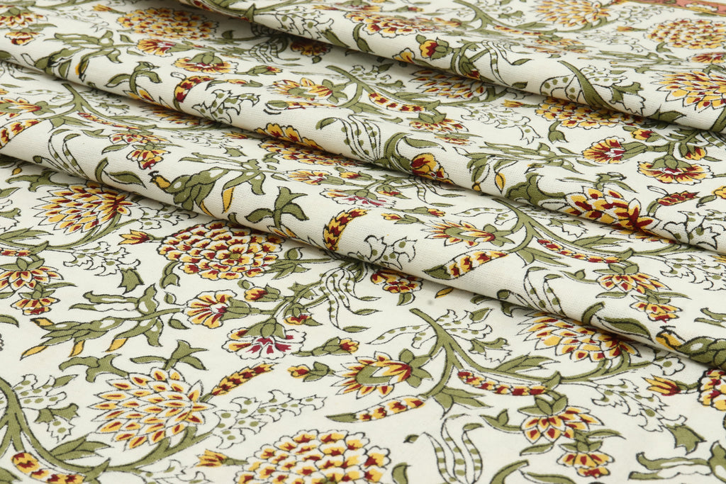 Mughal Floral Print Cotton Fabric: Hand-Stamped Indian Fabric