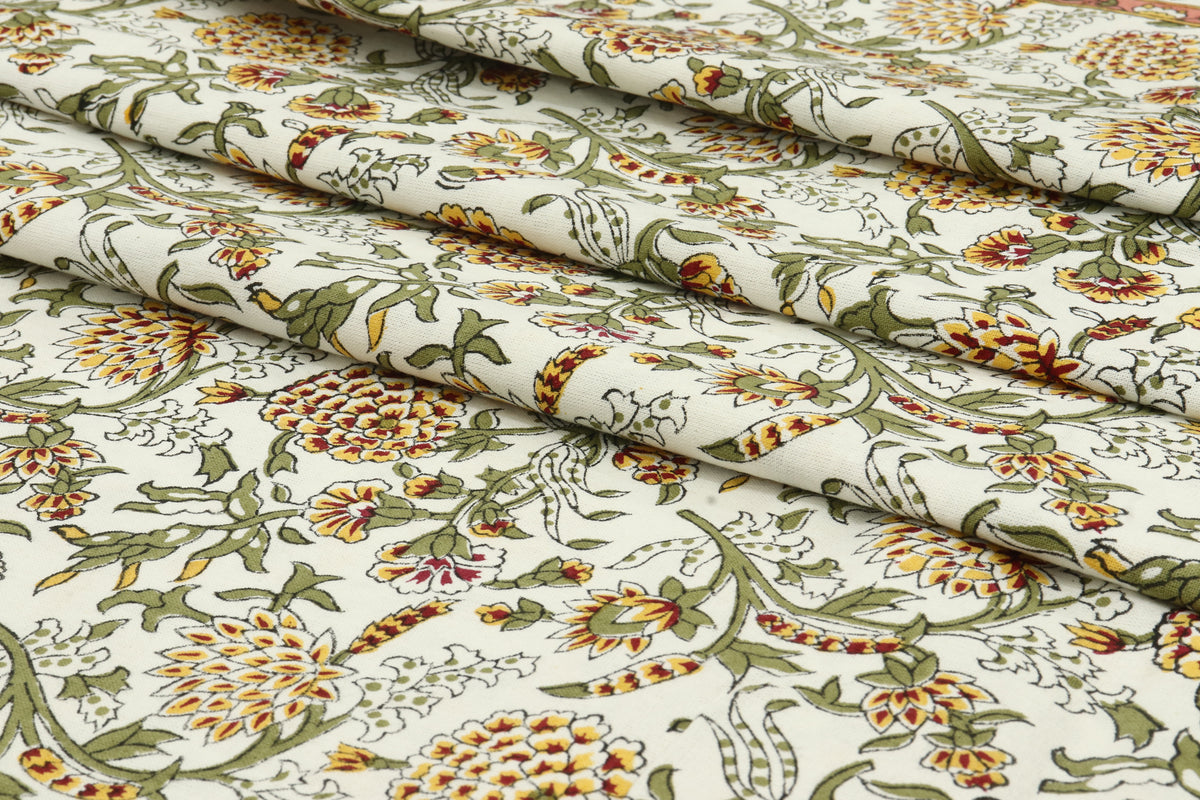 Mughal Floral Print Cotton Fabric: Hand-Stamped Indian Fabric