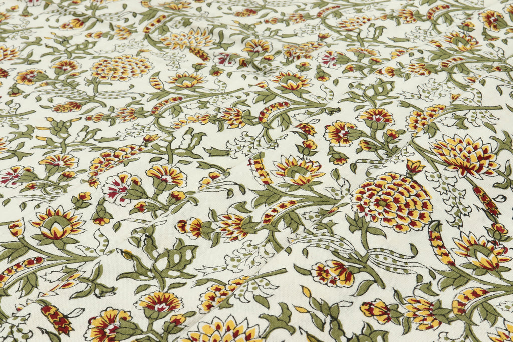 Mughal Floral Print Cotton Fabric: Hand-Stamped Indian Fabric