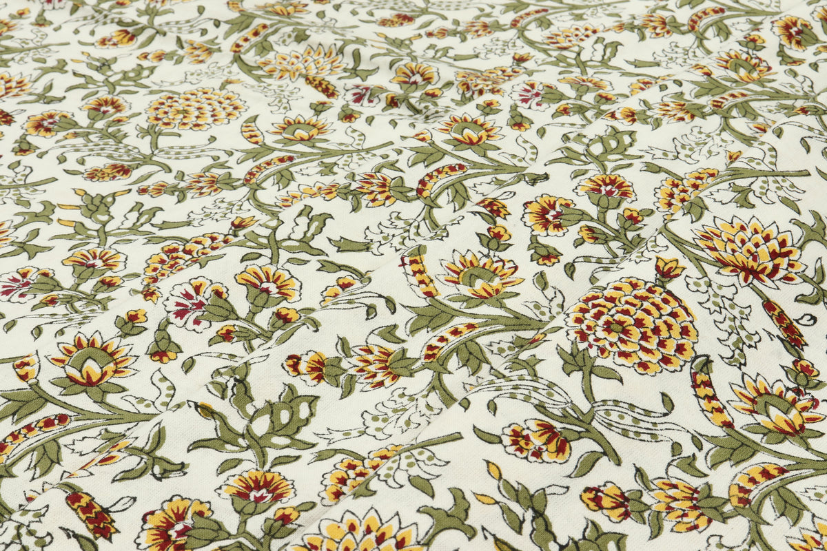 Mughal Floral Print Cotton Fabric: Hand-Stamped Indian Fabric