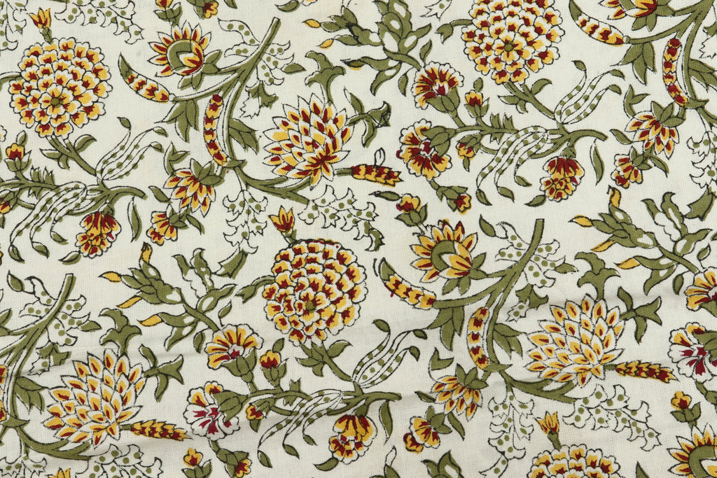 Mughal Floral Print Cotton Fabric: Hand-Stamped Indian Fabric