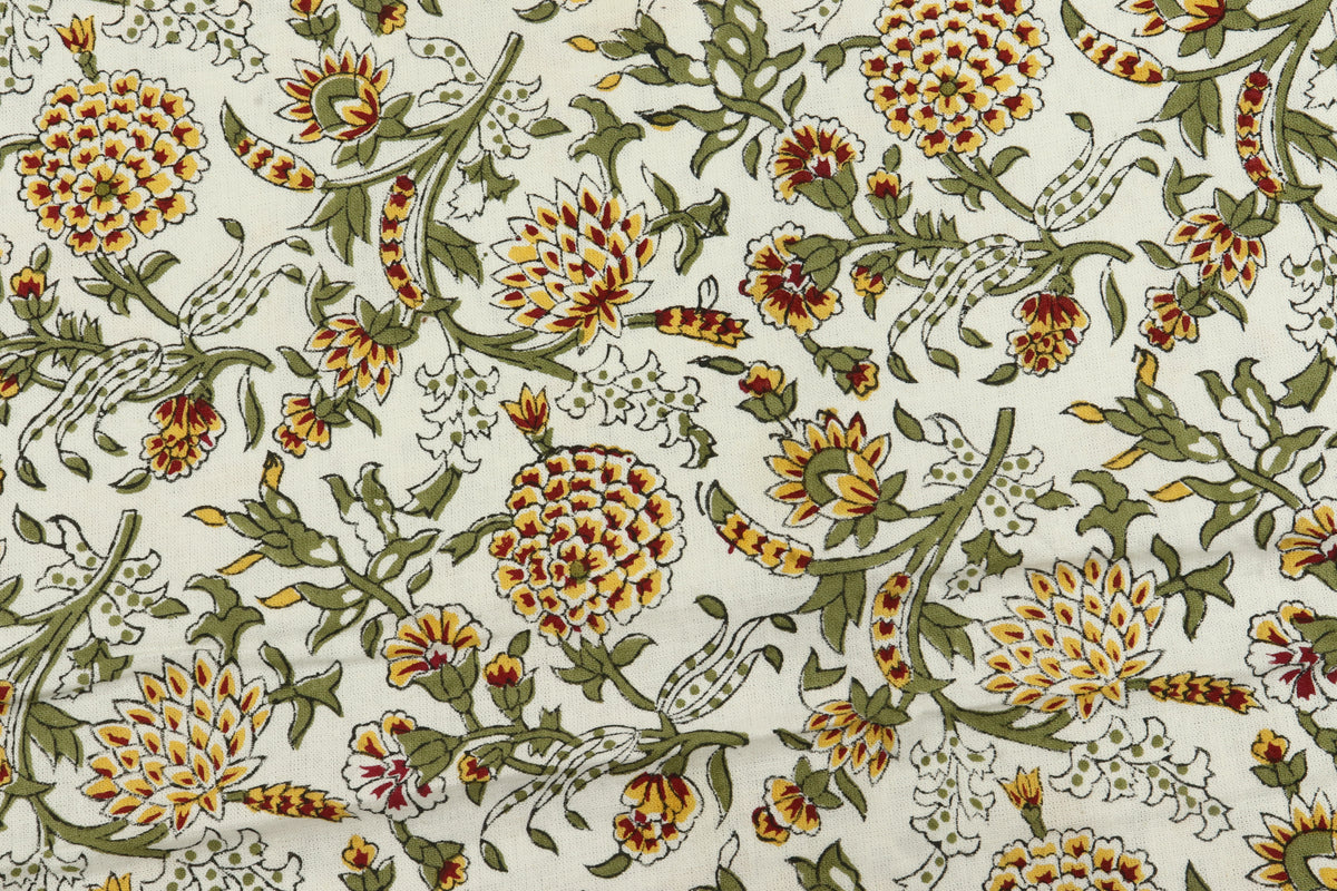 Mughal Floral Print Cotton Fabric: Hand-Stamped Indian Fabric