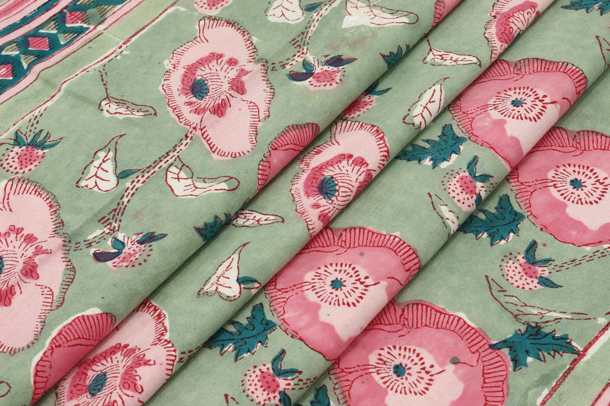 Mughal Floral Print Cotton Fabric: Hand-Stamped Indian Fabric